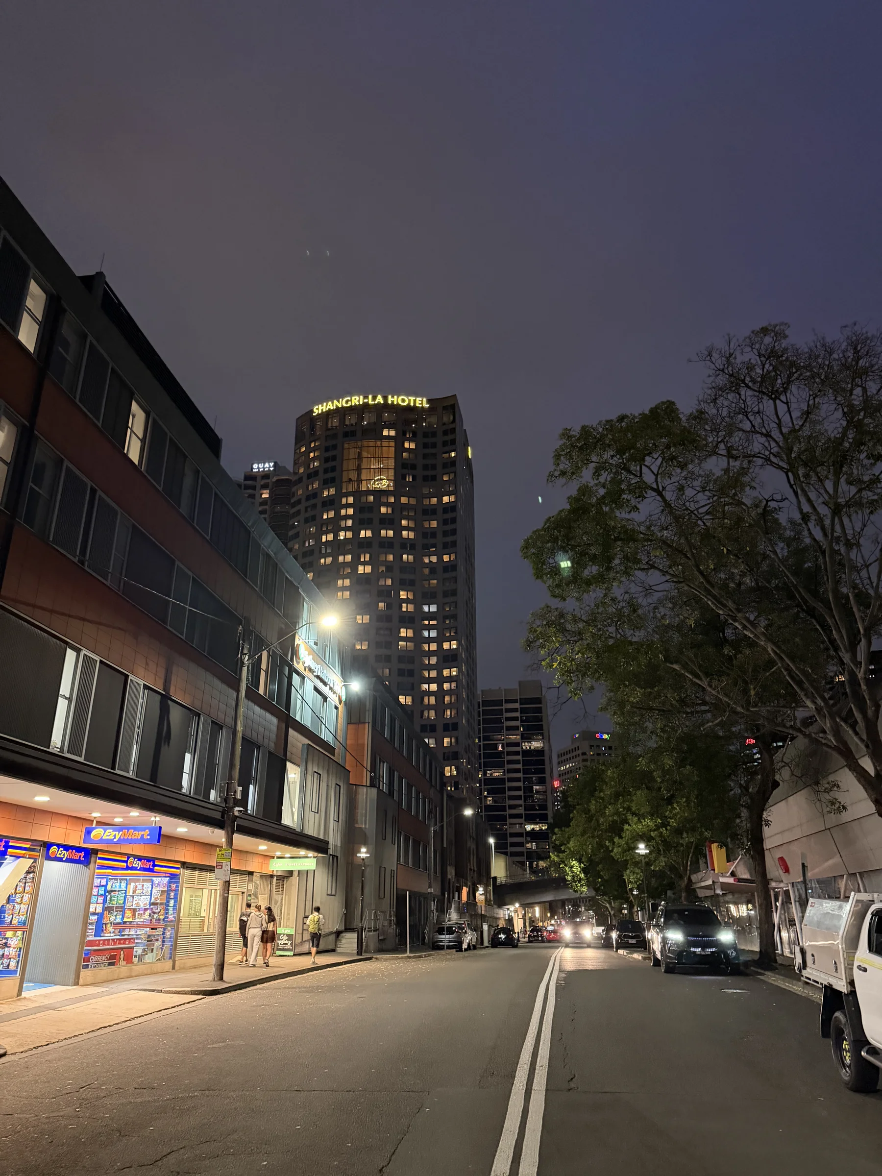 The hotel rising above the surrounding streets