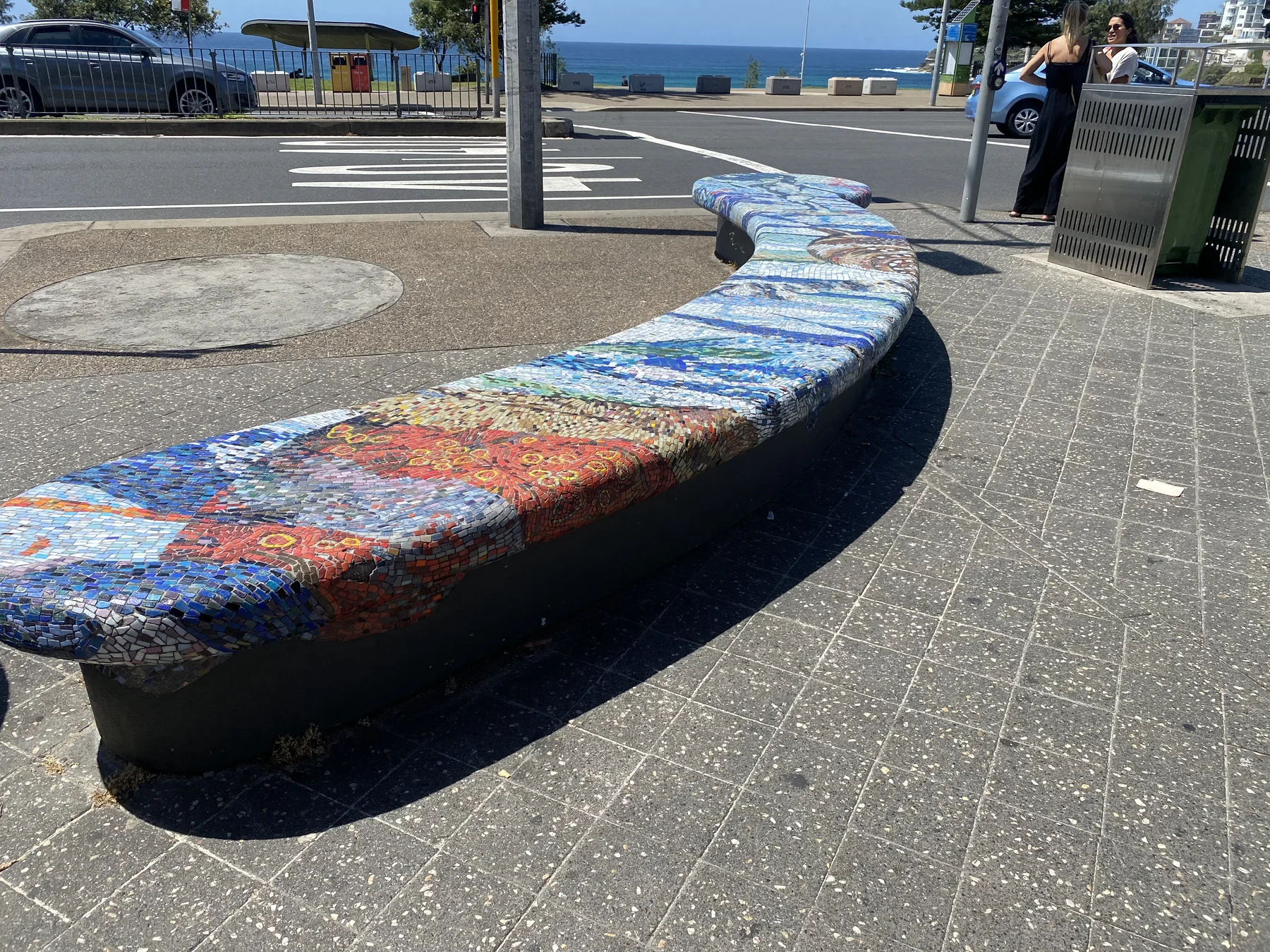 Curved mosaic seating along Campbell Parade